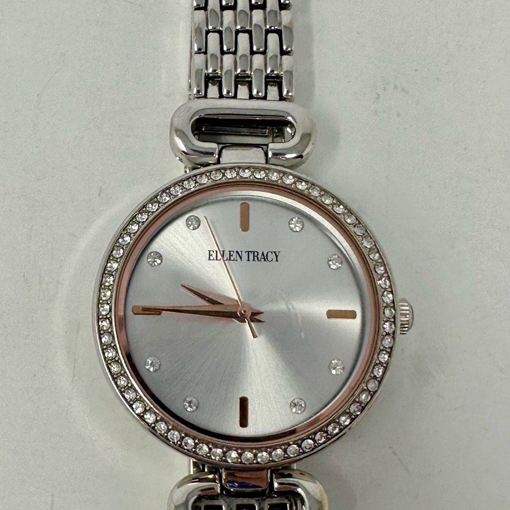 Ellen Tracy Ladies Silver Bracelet Watch Rose Gold Accents Rhinestone Bezel A4